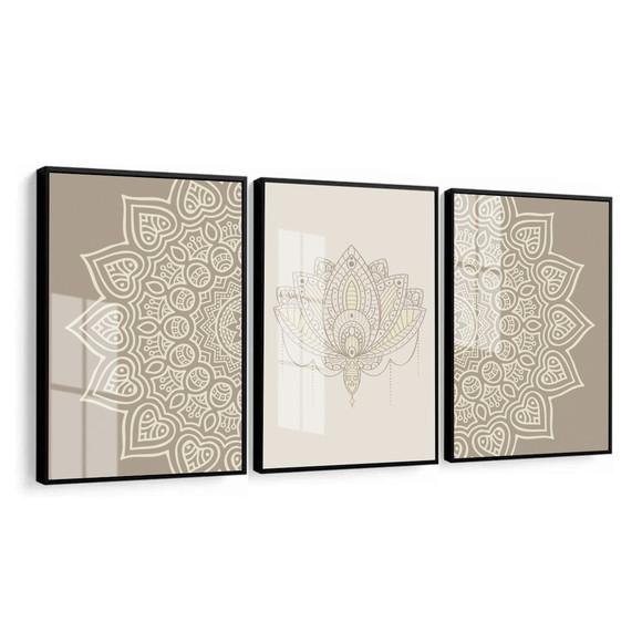 Kit 3 Quadros Decorativos Abstrato Mandala Moldura E Vidro