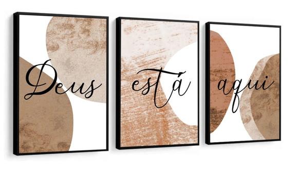 Kit 3 Quadros Decorativos Abstrato Marrom Frases Com Moldura