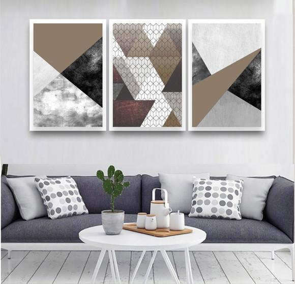 Kit 3 Quadros Decorativos Abstrato Marrom Terracota Moldura