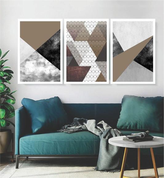 Kit 3 Quadros Decorativos Abstrato Marrom Terracota Moldura