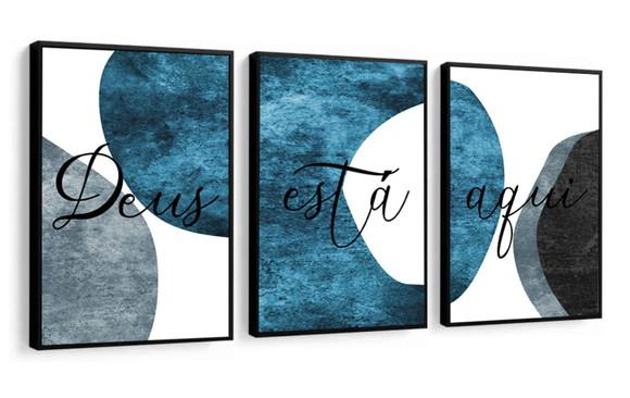 Kit 3 Quadros Decorativos Abstrato Moderno Azul Com Moldura