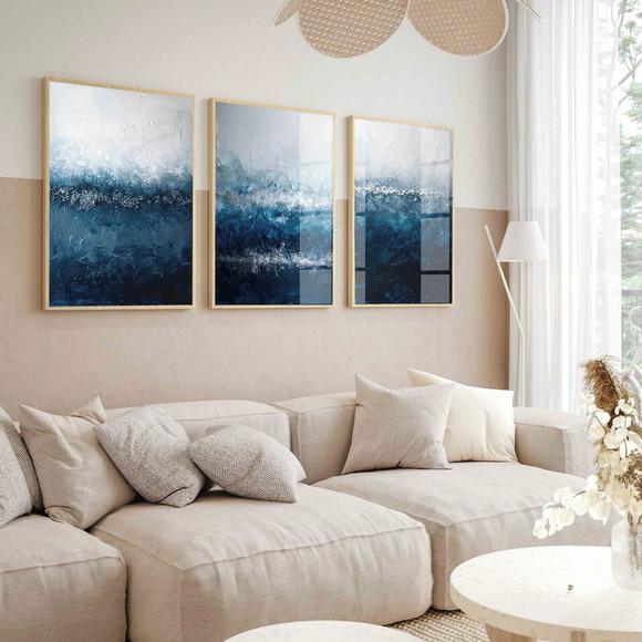 Kit 3 Quadros Decorativos Abstrato Moderno Azul Hall Vidro