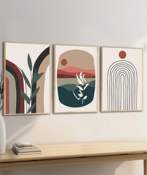 Kit 3 Quadros Decorativos Abstrato Moderno Folhagem Moldura