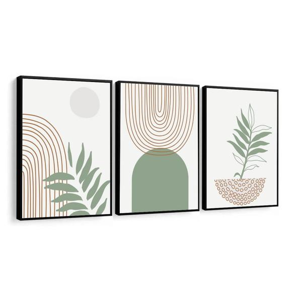Kit 3 Quadros Decorativos Abstrato Moderno Folhagem Moldura