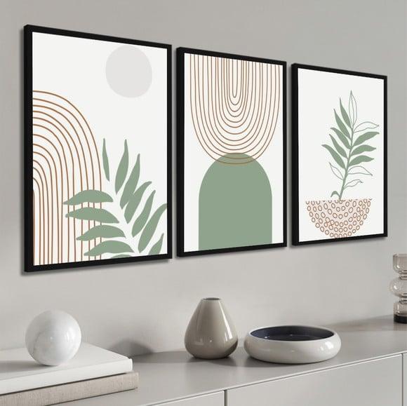 Kit 3 Quadros Decorativos Abstrato Moderno Folhagem Moldura
