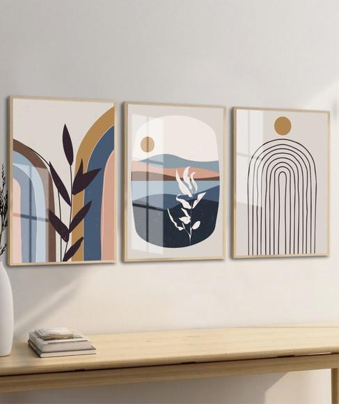 Kit 3 Quadros Decorativos Abstrato Moderno Folhas com Vidro