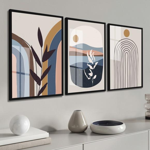Kit 3 Quadros Decorativos Abstrato Moderno Folhas Azul Vidro