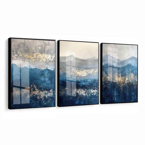 Kit 3 Quadros Decorativos Abstrato Moderno Gold Hall Vidro