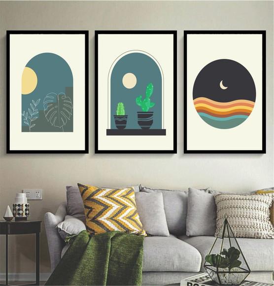 Kit 3 Quadros Decorativos Abstrato Moderno Paisagem Moldura
