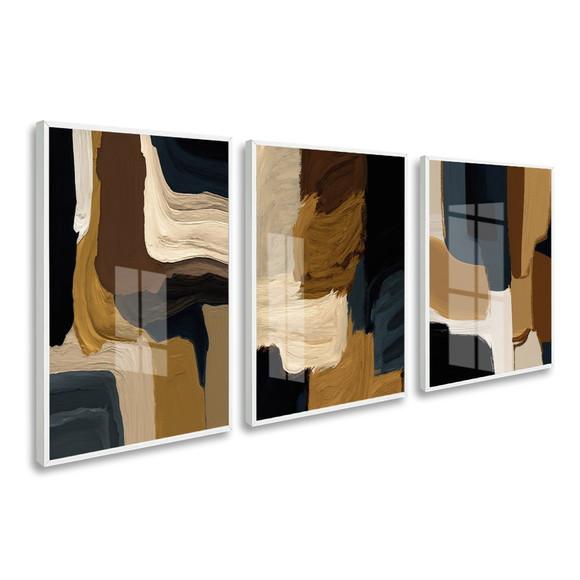 Kit 3 Quadros Decorativos Abstrato Moderno Marrom com Vidro