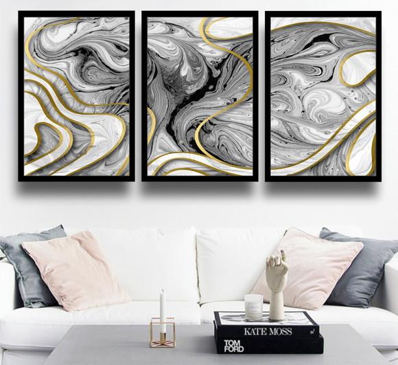 Kit 3 Quadros Decorativos Abstrato Moderno Para Sala Moldura