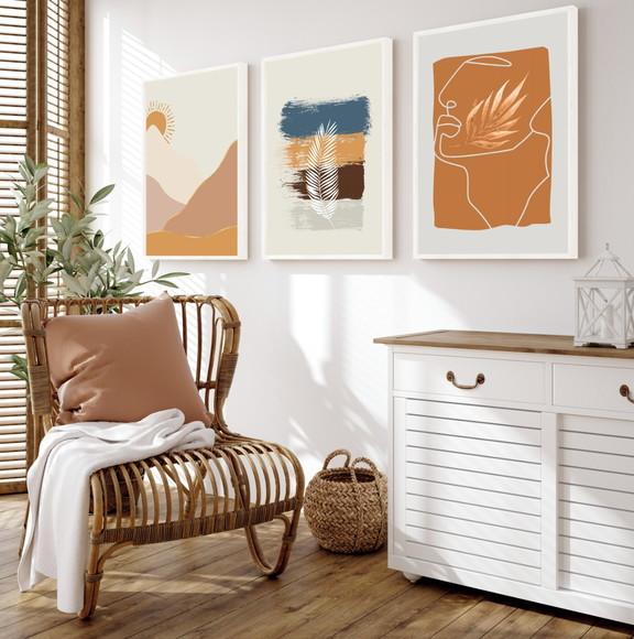 Kit 3 Quadros Decorativos Abstrato Moderno Sala com Moldura