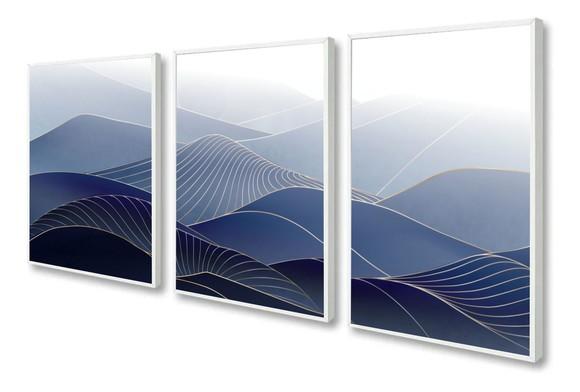 Kit 3 Quadros Decorativos Abstrato Onda Azul Dourado Moldura