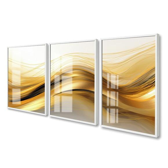 Kit 3 Quadros Decorativos Abstrato Ondas Douradas com Vidro