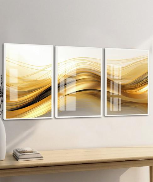 Kit 3 Quadros Decorativos Abstrato Ondas Douradas com Vidro