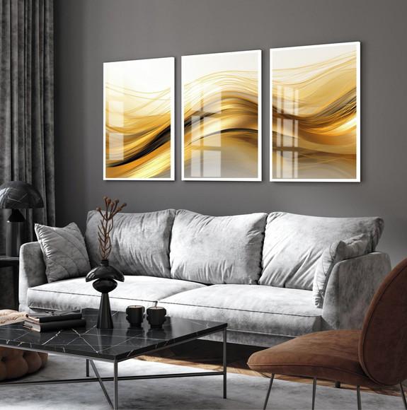 Kit 3 Quadros Decorativos Abstrato Ondas Douradas com Vidro