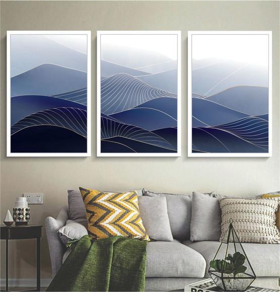 Kit 3 Quadros Decorativos Abstrato Onda Azul Dourado Moldura