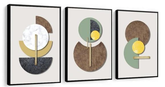 Kit 3 Quadros Decorativos Abstrato Para Sala Dourado Moldura