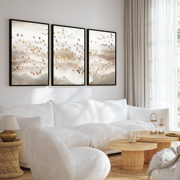 Kit 3 Quadros Decorativos Abstrato Pássaros Dourados Moldura