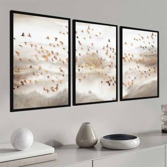 Kit 3 Quadros Decorativos Abstrato Pássaros Dourados Moldura