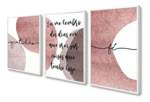 Kit 3 Quadros Decorativos Abstrato Rosa Frases Sala Moldura