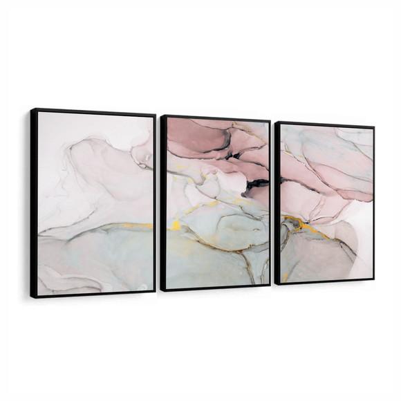 Kit 3 Quadros Decorativos Abstrato Rosa Gold Mármore Moldura