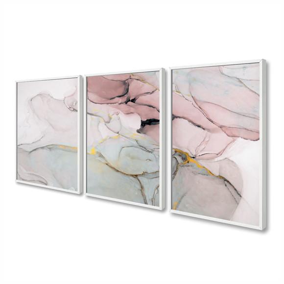 Kit 3 Quadros Decorativos Abstrato Rosa Mármore Gold Moldura