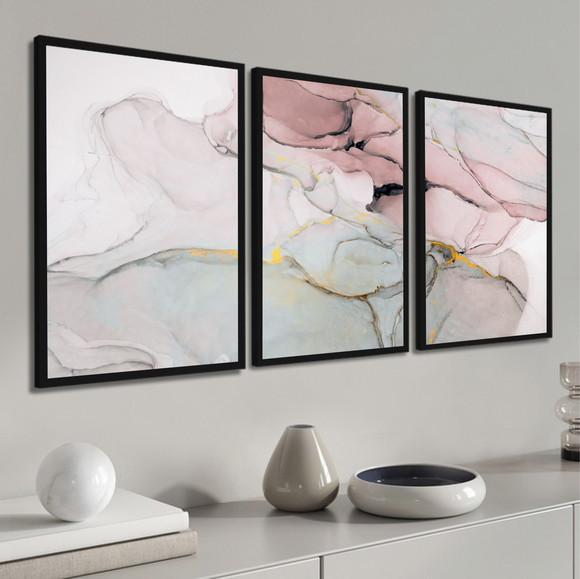 Kit 3 Quadros Decorativos Abstrato Rosa Gold Mármore Moldura