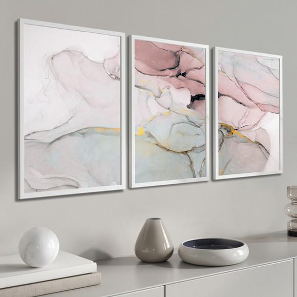 Kit 3 Quadros Decorativos Abstrato Rosa Mármore Gold Moldura