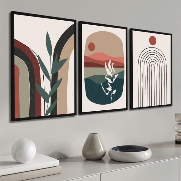 Kit 3 Quadros Decorativos Abstrato Vermelho Folhagem Moldura