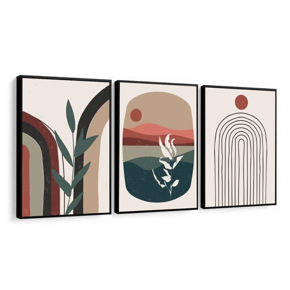 Kit 3 Quadros Decorativos Abstrato Vermelho Folhagem Moldura