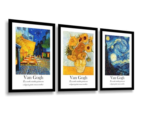Kit 3 Quadros Decorativos Abstrato Vincent Van Gogh Molduras
