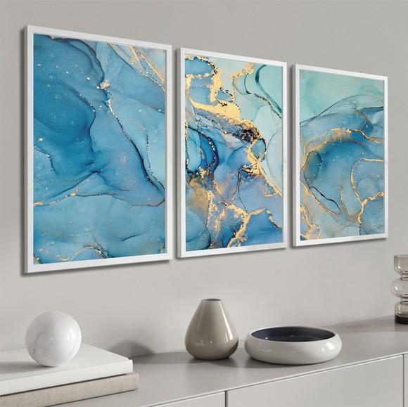 Kit 3 Quadros Decorativos Abstratos Azul Gold Quarto Sala