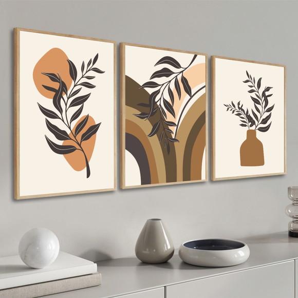 Kit 3 Quadros Decorativos Abstratos Folhagem Marrom Moldura
