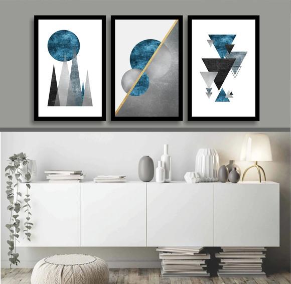 Kit 3 Quadros Decorativos Abstratos Geométrico Azul e Cinza