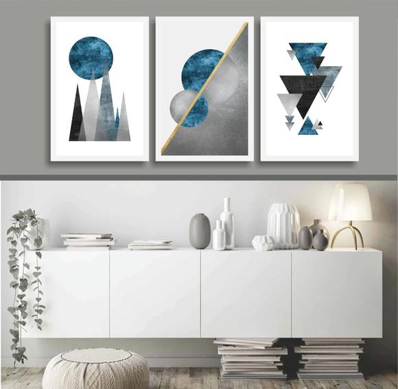 Kit 3 Quadros Decorativos Abstratos Geométrico Azul Moldura