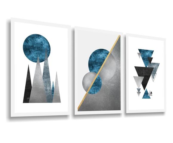 Kit 3 Quadros Decorativos Abstratos Geométrico Azul Moldura
