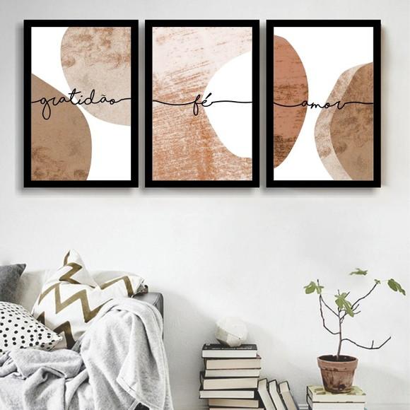 Kit 3 Quadros Decorativos Abstratos Geométrico Marrom Frases