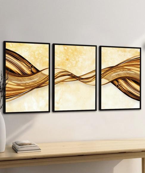 Kit 3 Quadros Decorativos Abstratos Modernos Dourado Moldura