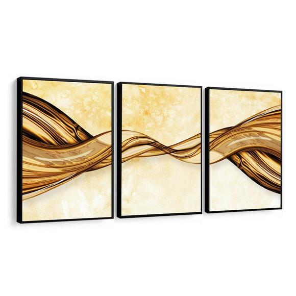 Kit 3 Quadros Decorativos Abstratos Modernos Dourado Moldura
