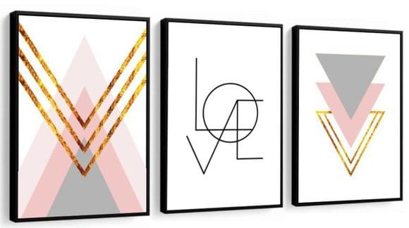 Kit 3 Quadros Decorativos Abstratos Modernos Love Rosa Gold