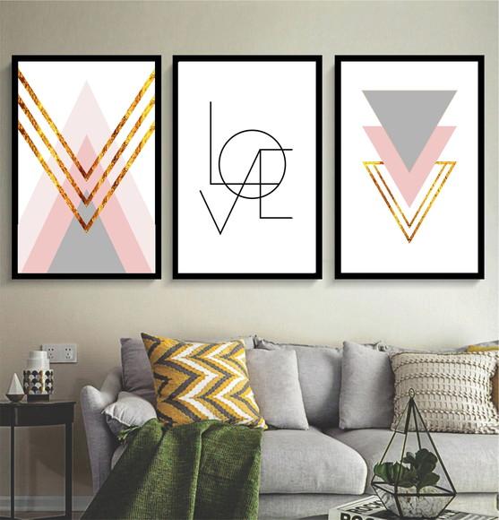 Kit 3 Quadros Decorativos Abstratos Modernos Love Rosa Gold