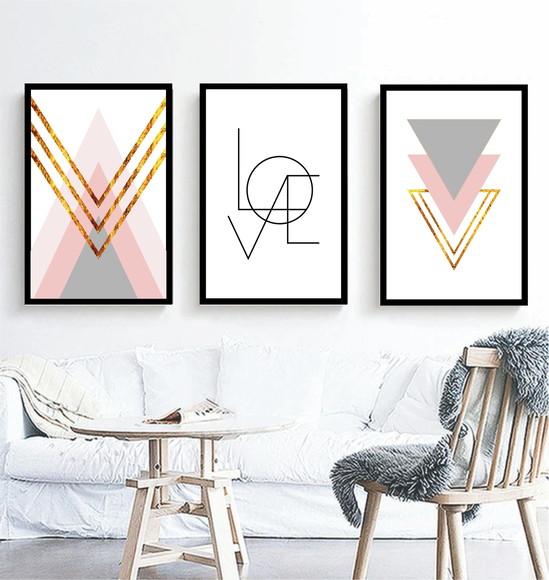 Kit 3 Quadros Decorativos Abstratos Modernos Love Rosa Gold