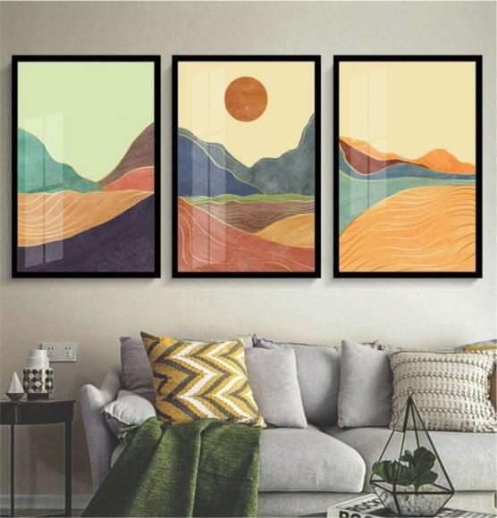 Kit 3 Quadros Decorativos Abstratos Modernos Moldura e Vidro