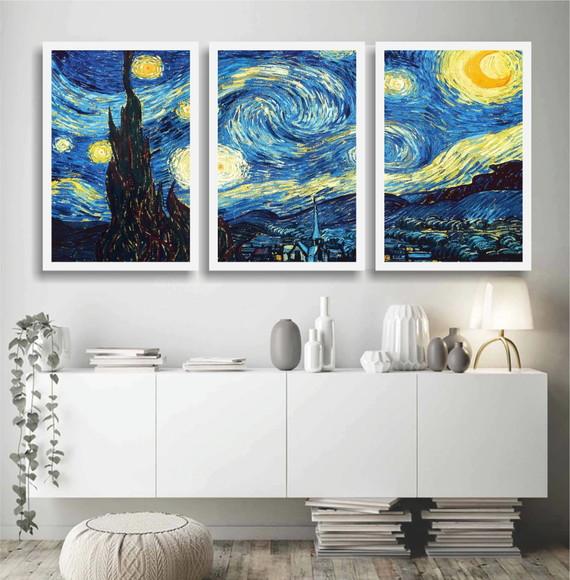 Kit 3 Quadros Decorativos Abstratos Paisagem Azul Conjunto