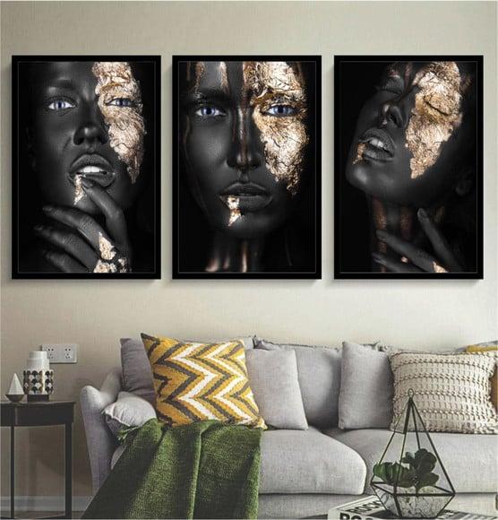 Kit 3 Quadros Decorativos Africanas Abstratos Salas Moldura