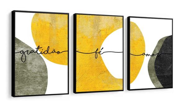 Kit 3 Quadros Decorativos Amarelo Gratidão Amor Com Moldura