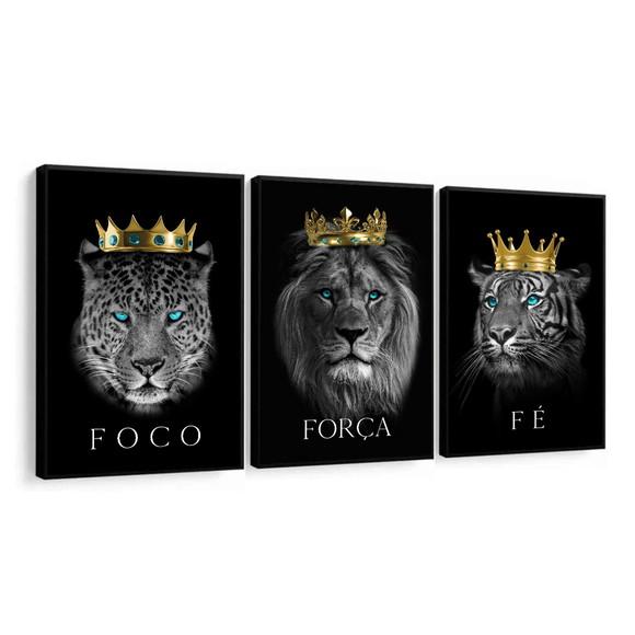Kit 3 Quadros Decorativos Animais Foco Força Fé com Moldura
