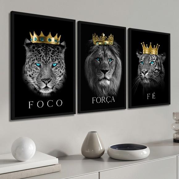 Kit 3 Quadros Decorativos Animais Foco Força Fé com Moldura