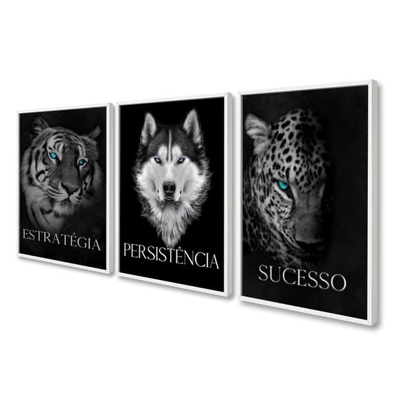Kit 3 Quadros Decorativos Animais Frase Motivacional Moldura